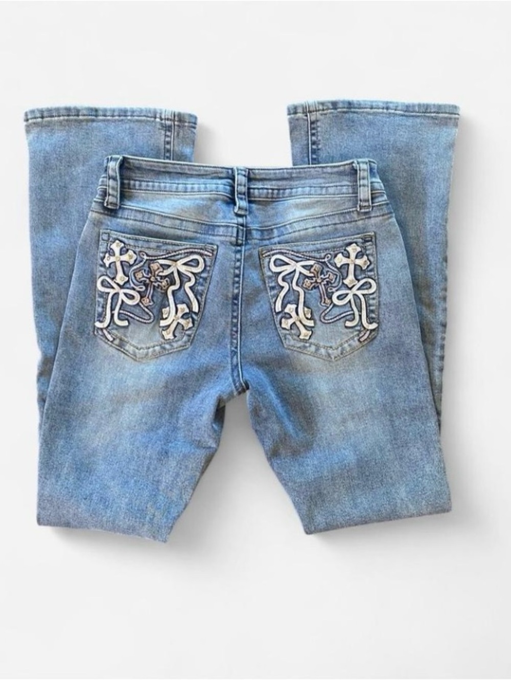 NWOT Social Butterfly Mcbling Boot Cut Jeans with Cross & Rhinestone Pockets